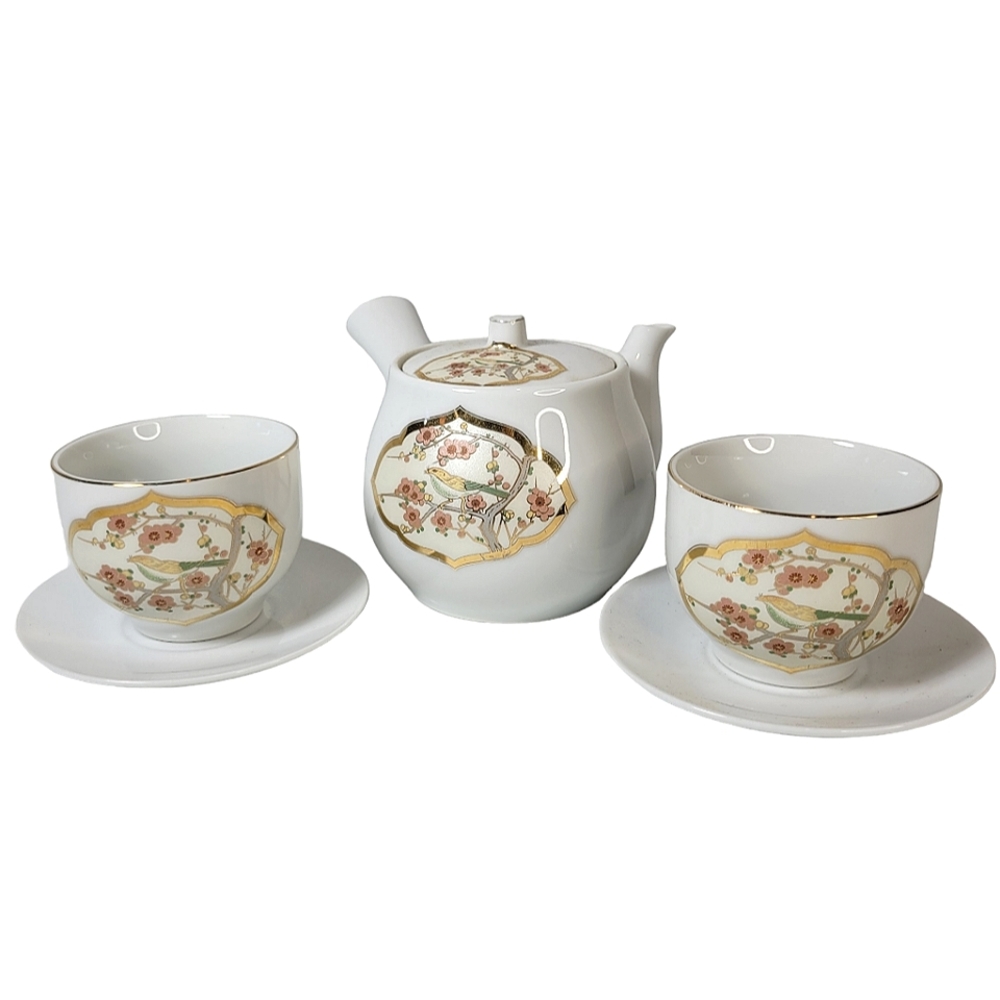 Japanese tea set vintage gold with cherry blossoms and birds